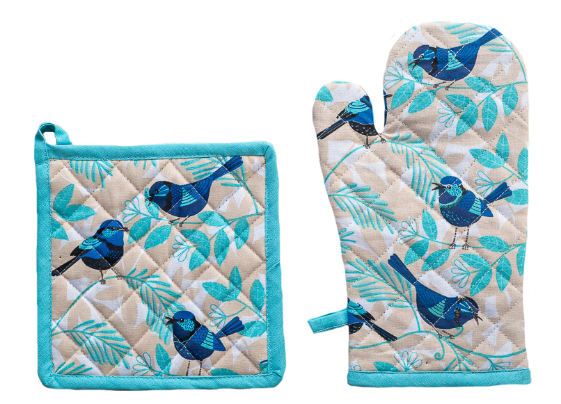 Blue Wren Oven Glove & Potholder Set