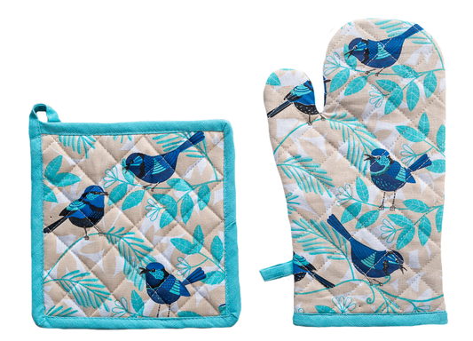 Blue Wren Oven Glove & Potholder Set